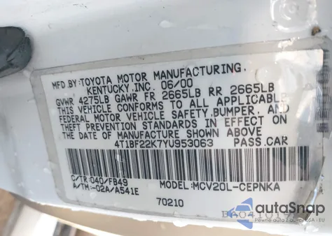 2000 Toyota Camry Le V6 из США, поврежденный, VIN 4T1BF22K7YU953063